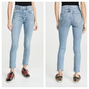 AGOLDE Nico High Rise Slim Fit Jeans in Rooted Distressed Light Blue Size 23